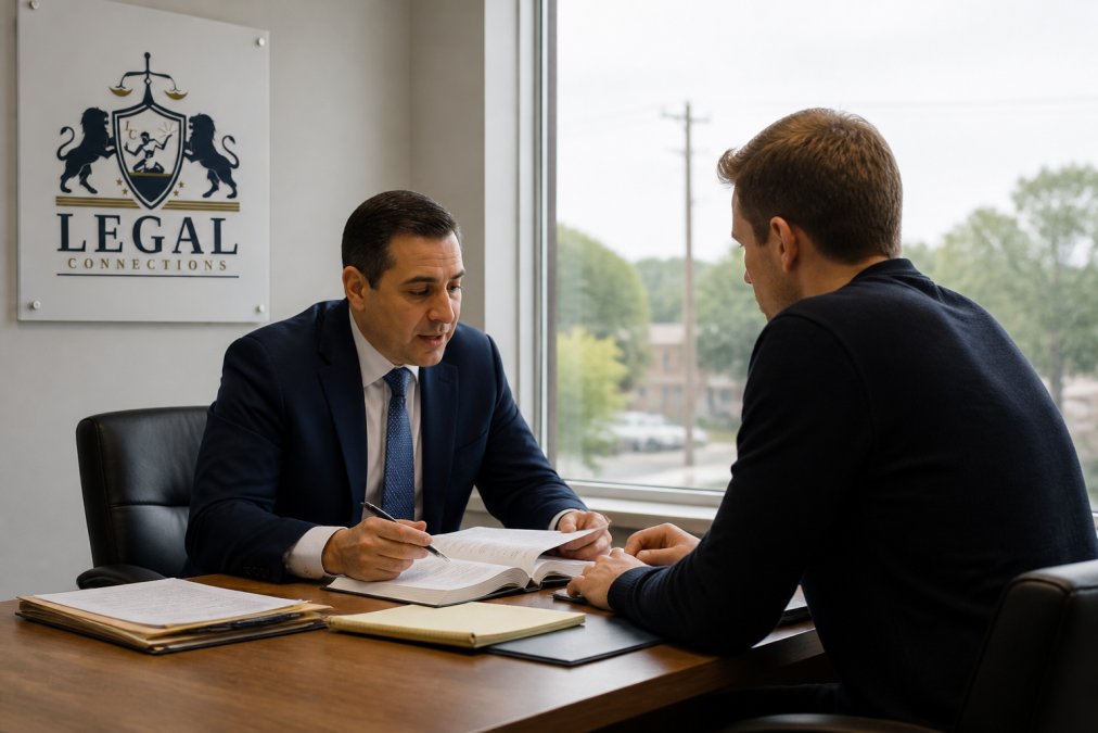 Professional attorney meeting with client in law office conference room, reviewing documents and case files together on wooden table with natural window lighting