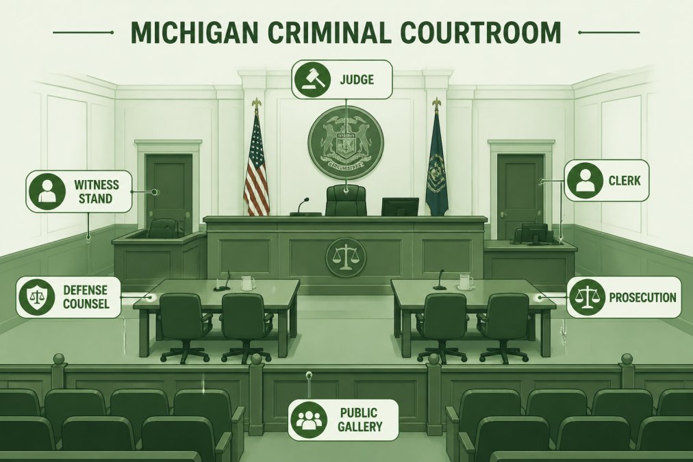 Interior of a Michigan courtroom with judge's bench, counsel tables, witness stand, and gallery seating showing formal legal environment with wood paneling and professional furnishings
