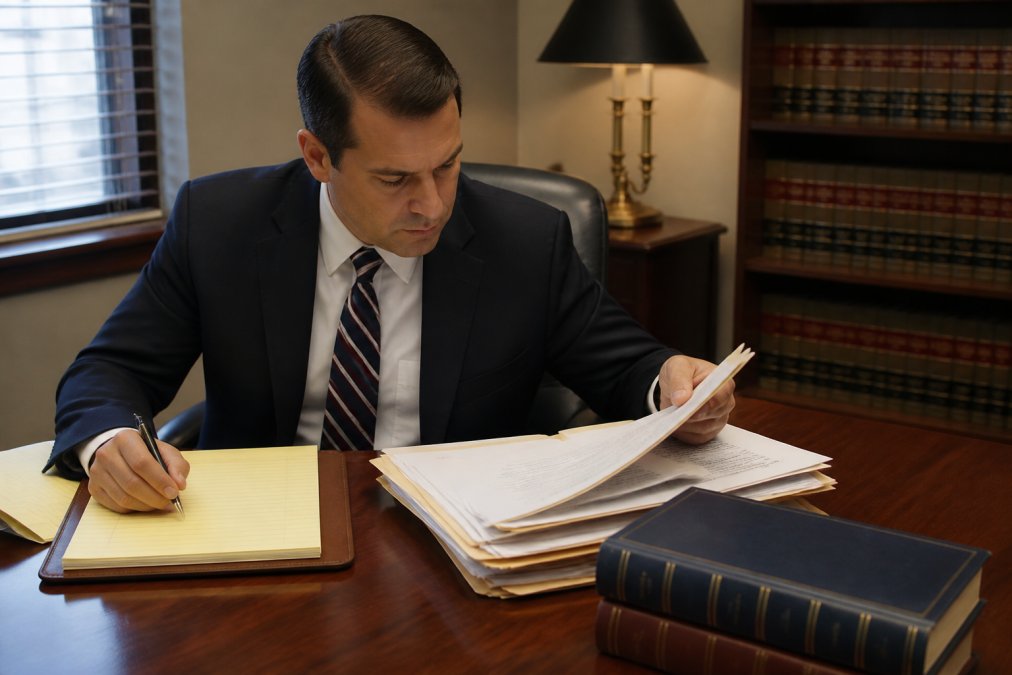 Defense attorney reviewing case files for felony drug charges at a wooden desk in a Lehigh County office