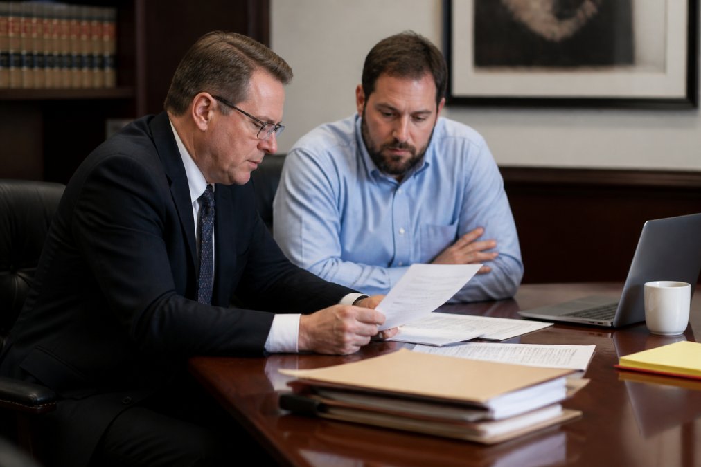 A defense attorney and client reviewing documents at a conference table in a law office, with legal papers and a laptop visible
