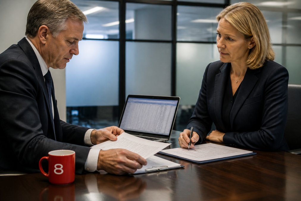 Two senior professionals in formal business attire reviewing printed contract documents across a conference table, with a laptop open showing spreadsheet data, under cool overhead office lighting