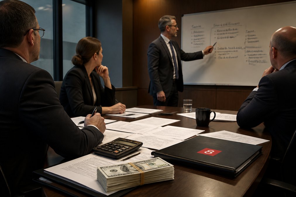 A small group of executives in a secure-looking boardroom setting, engaged in focused discussion over printed documents, with one person gesturing toward a whiteboard covered in structured notes, under warm directional lighting