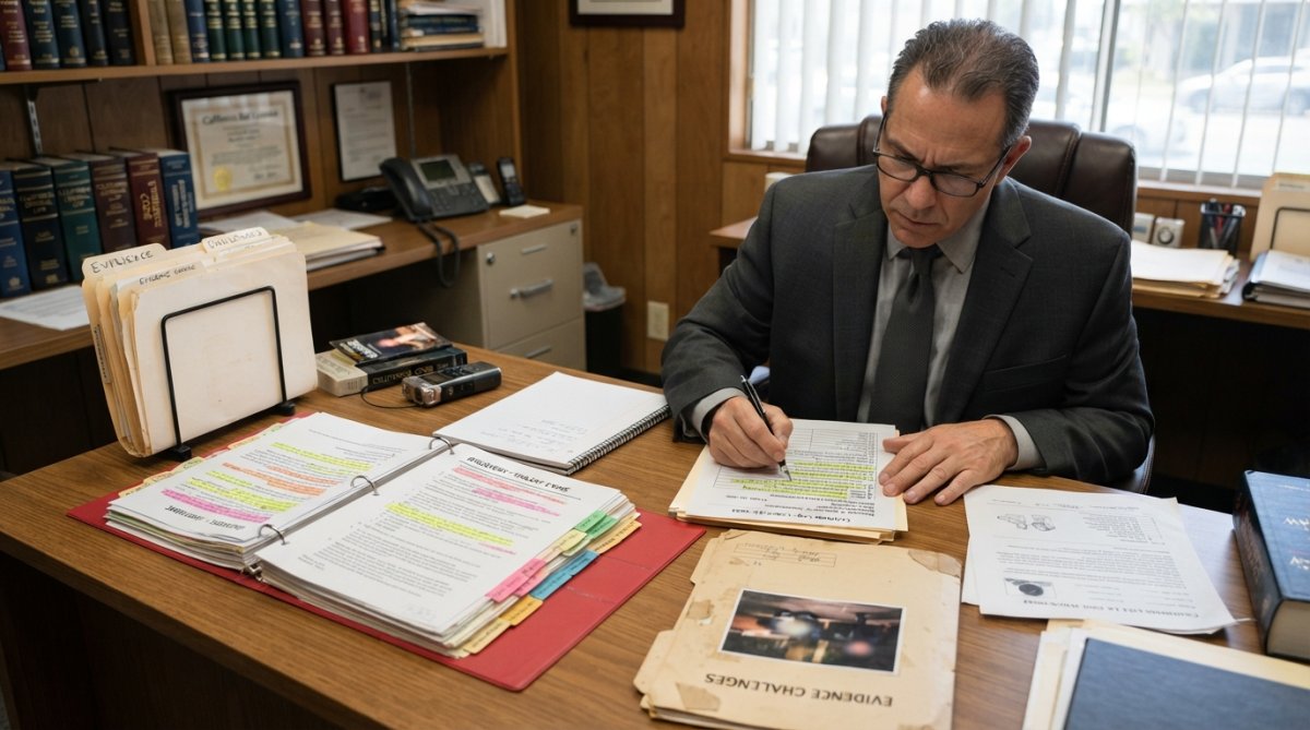 Criminal defense attorney in business suit reviewing case files and evidence documents at a wooden desk in a modern law office with natural window lighting