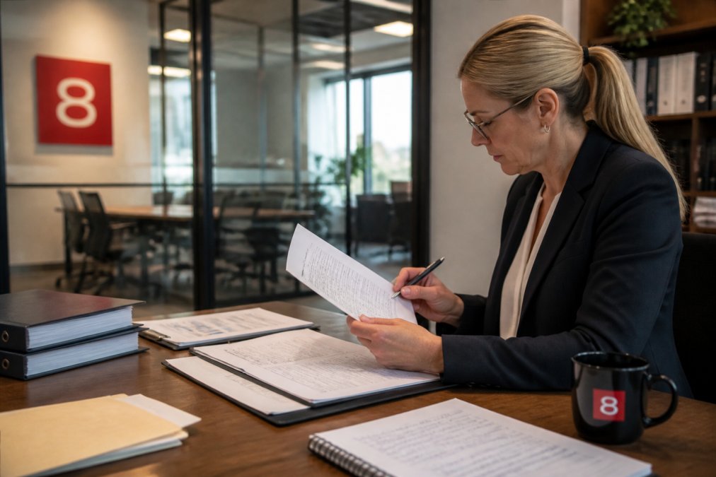 Compliance officer reviewing defense trade documentation and audit reports at a desk with multiple monitors displaying regulatory frameworks and classification matrices in a modern office setting