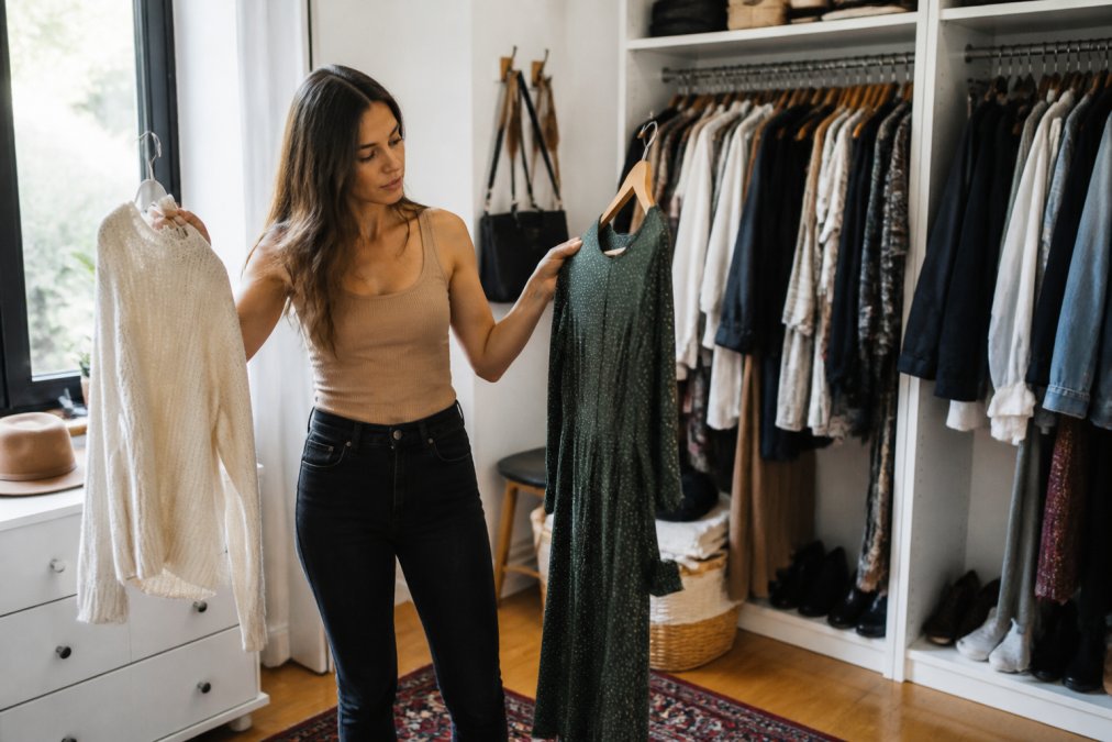 Person thoughtfully examining closet garments to identify their personal style archetype in natural light