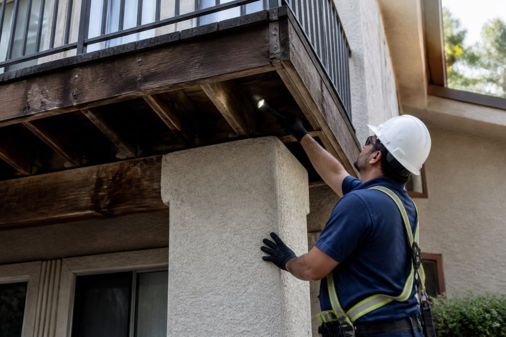 A licensed inspector in a hard hat and safety harness examining the underside of a residential balcony, flashlight in hand, checking joists and the ledger board for rot and water damage on a bright afternoon