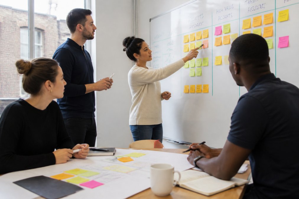Business professionals collaborating on a market mapping exercise with sticky notes on a whiteboard in a bright office.