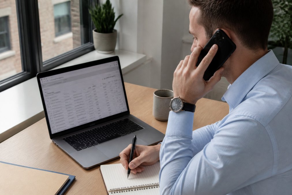 Sales professional using a CRM spreadsheet for market mapping while making outbound calls at a clean office desk.