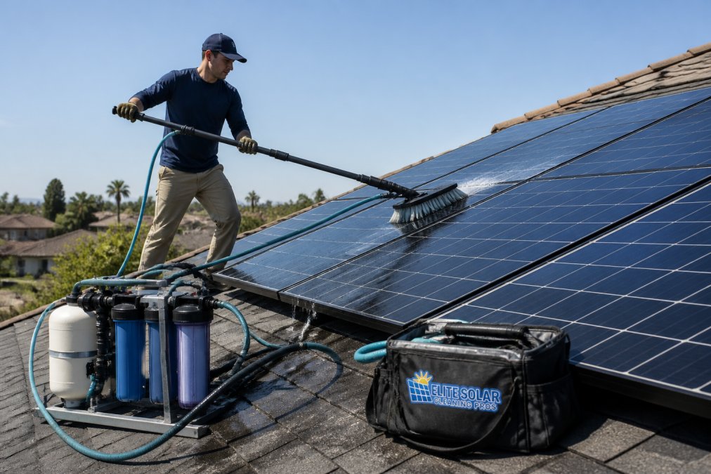 Technician using a water-fed pole for deionized water cleaning of rooftop solar panels on a sunny day