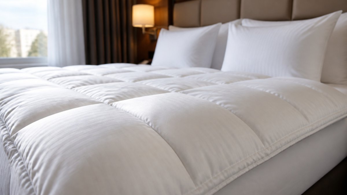 Close-up van een schoon, wit dekbed met zichtbare textuur op een bed in een hotelkamer met natuurlijk licht