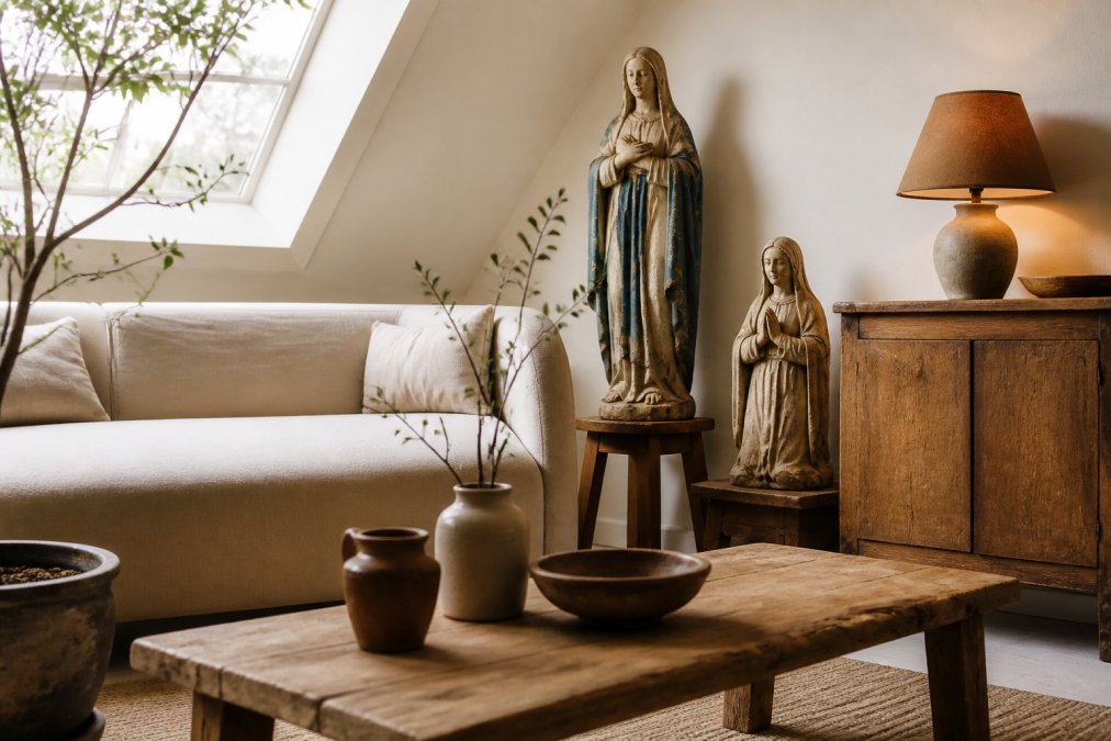 Statues vintage de la Vierge Marie associées à des meubles modernes dans un salon chaleureusement éclairé avec une table en bois.