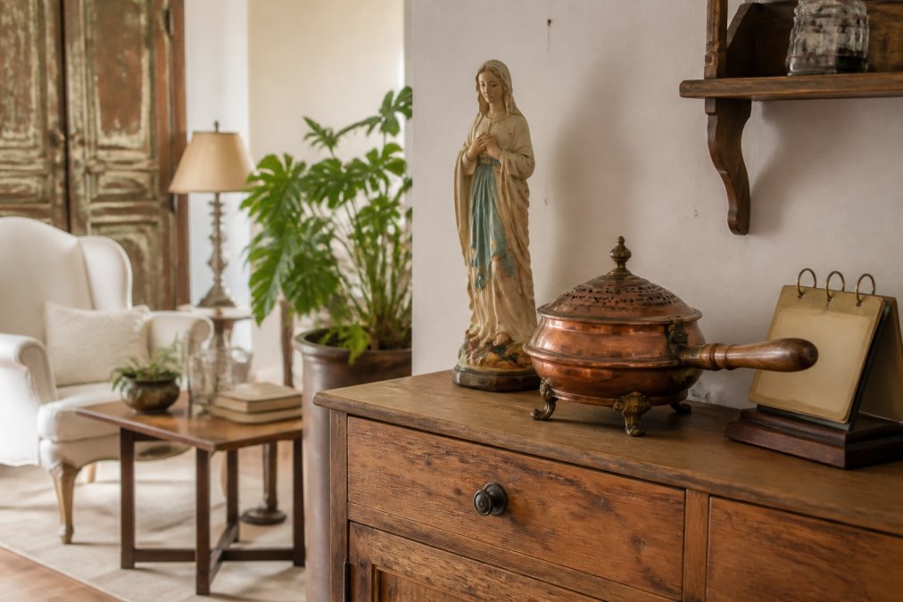 Sfeervolle woonkamer met vintage decoratie zoals een Mariabeeld en koperen voetenwarmer als duurzaam alternatief.