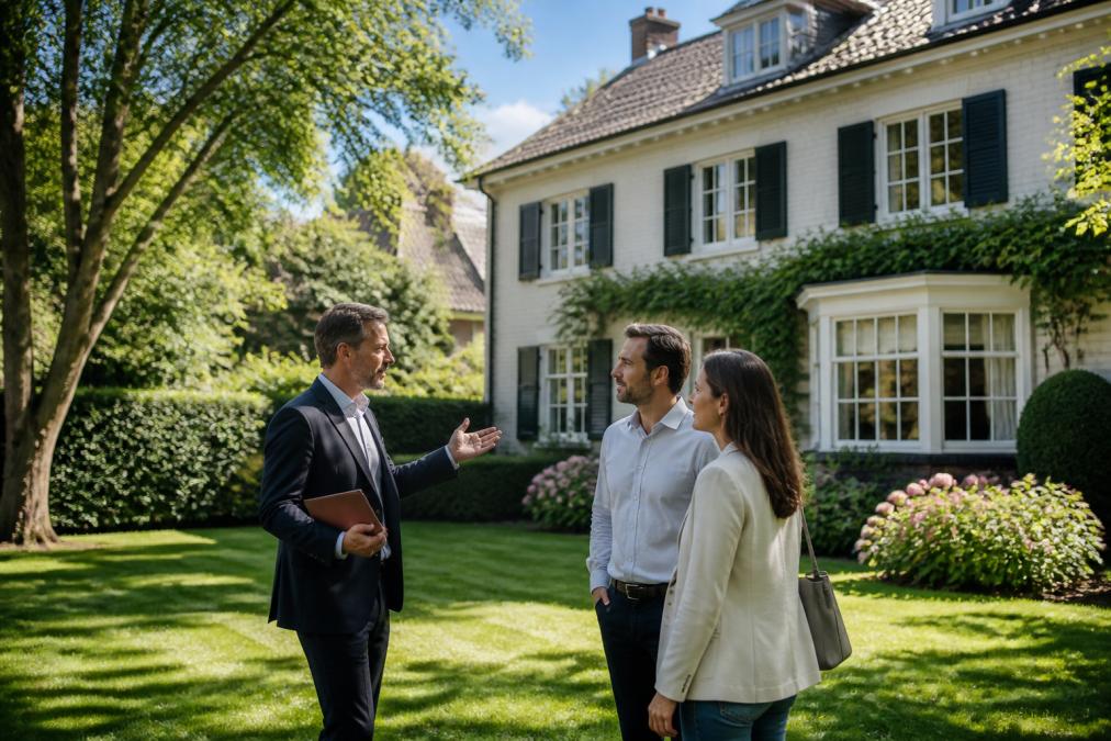 Agent immobilier professionnel en costume discutant avec un couple devant une villa élégante à jardin, dans un quartier résidentiel verdoyant typique de Waterloo ou Uccle, par temps ensoleillé