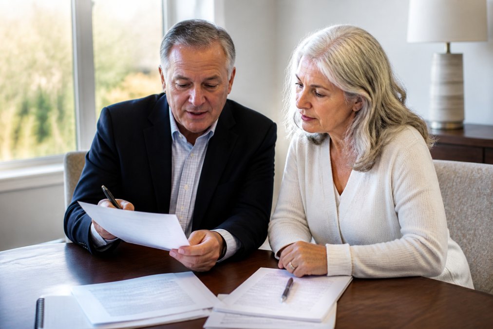 Financial advisor and client reviewing retirement documents together at a desk with laptop and notepad, natural office lighting, discussing benefit statements
