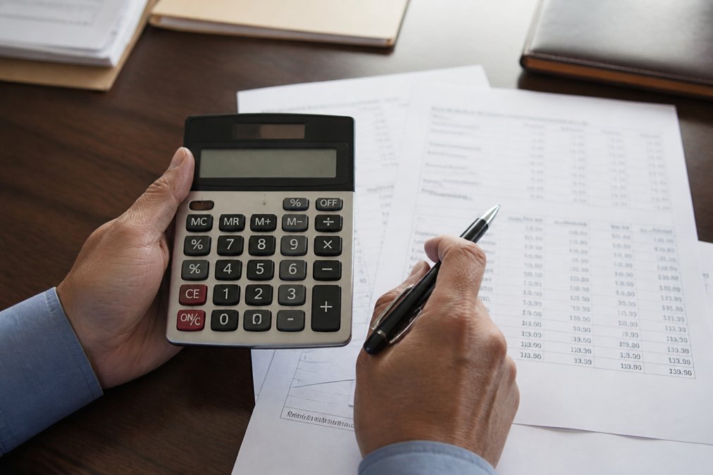 Hands holding calculator and financial statements showing retirement income projections and benefit calculations on desk with pen
