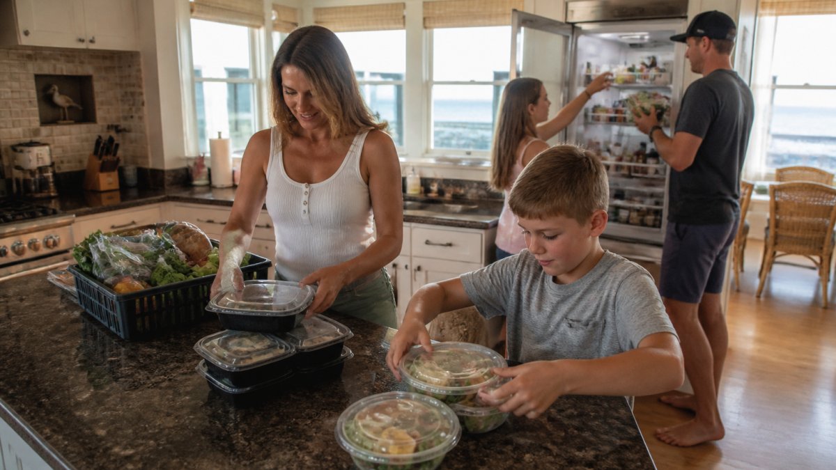 Family unpacking fresh groceries and prepared meal containers delivered to their vacation rental kitchen counter, with children and adults organizing items into the refrigerator and cabinets, bright natural sunlight streaming through windows
