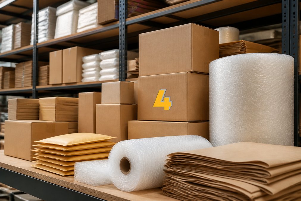 Close-up of various packaging materials on warehouse shelves: cardboard boxes in different sizes, jiffy bags stacked neatly, rolls of polythene wrapping, protective bubble wrap, and kraft paper organised by category under bright warehouse lighting