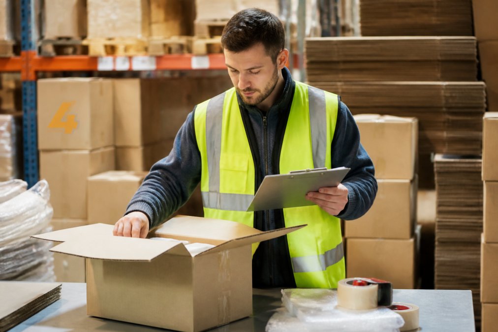 Warehouse worker in high-visibility vest preparing a cardboard box for dispatch, checking items against a clipboard with stacked boxes and packaging materials visible in the background under warehouse lighting