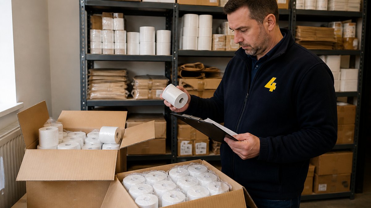 A retail store manager in a stockroom checking a delivery of till rolls and packaging boxes, holding a clipboard, shelves of supplies visible behind