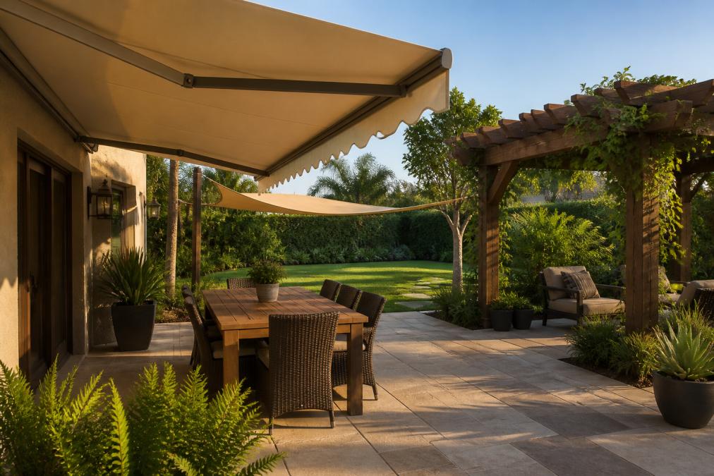 Infographic comparing residential shading options like a Delray awning, pergola, and custom canvas sail for patio areas.
