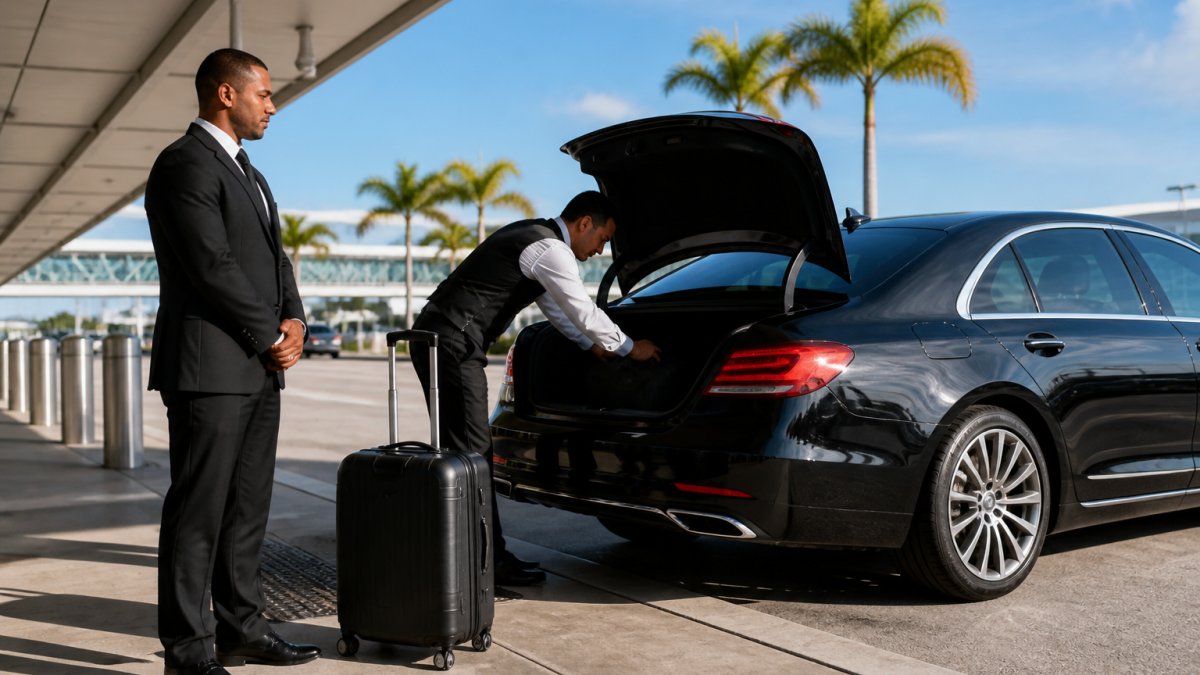 Professional chauffeur in dark suit standing beside a luxury sedan at an airport terminal entrance, with luggage being loaded into the trunk, morning sunlight