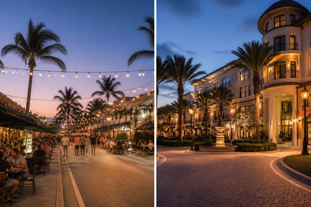A vibrant street scene on Atlantic Avenue in Delray Beach at dusk, with people dining at outdoor cafes and string lights overhead