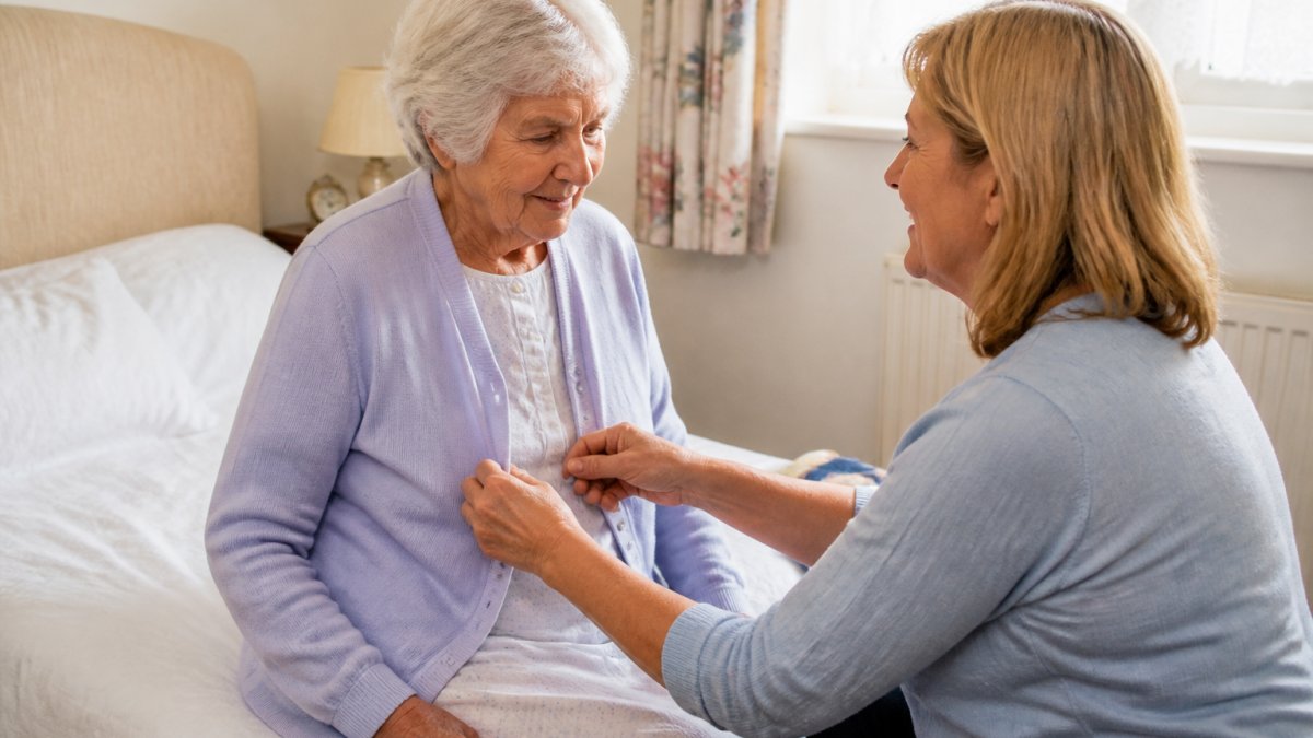 Family member gently assisting an older person with getting dressed, showing patience and respect, with warm natural lighting in a comfortable bedroom setting