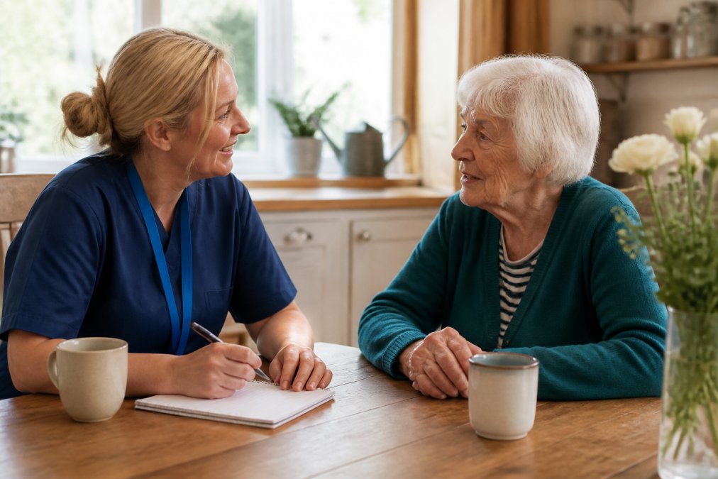 A professional carer sitting beside an elderly person at a kitchen table, both engaged in calm conversation, with a notepad and cup of tea nearby in a warm, naturally lit home setting