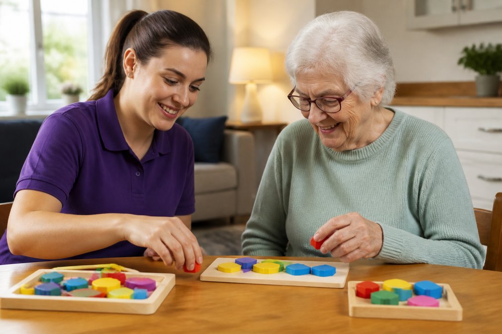 A carer and an older adult with dementia engaged in sorting colourful objects together at a bright kitchen table, both smiling, in a tidy and warmly lit living room