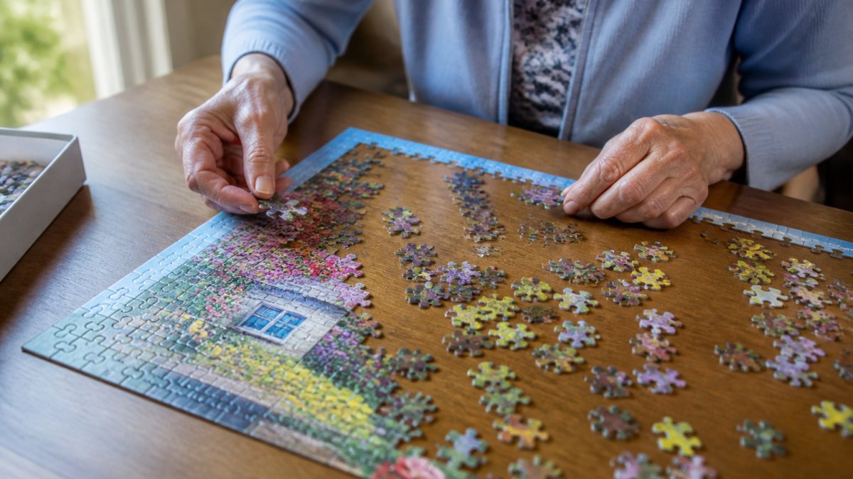 Diagram showing the cognitive benefits of assembling jigsaw puzzles as a structured dementia-friendly activity