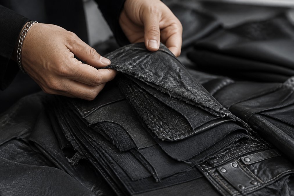 Close-up of hands examining layered dystopian streetwear fabric with visible raw edges, textured stitching, and dark technical materials stacked to show depth and construction detail