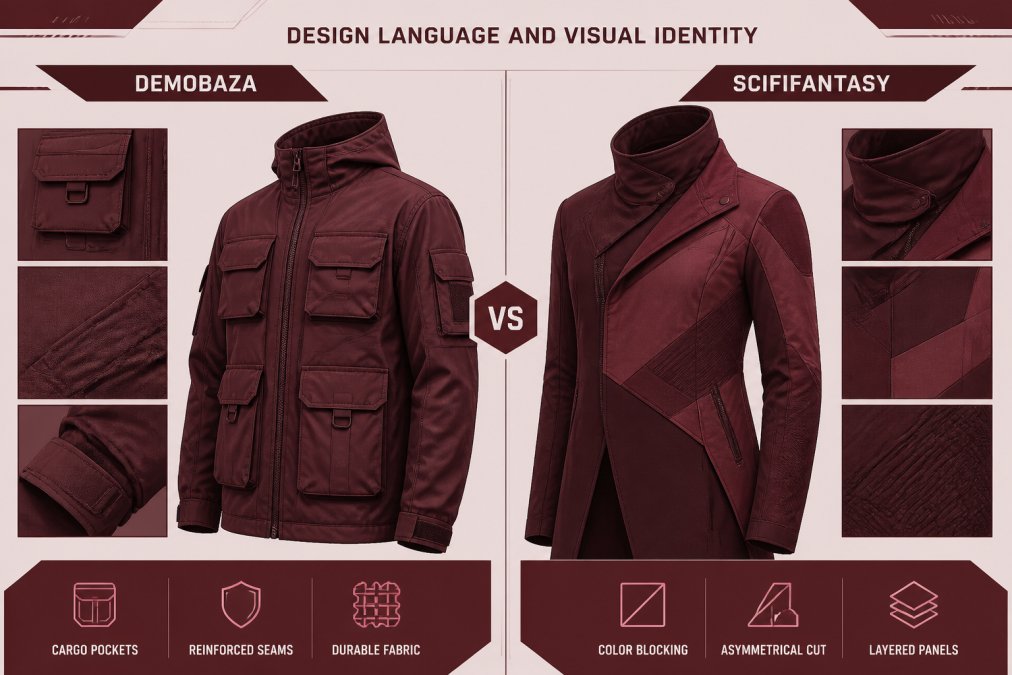 Close-up detail shots of two contrasting jacket designs side by side, showing silhouettes, fabric textures, and design elements that distinguish each brand's aesthetic, one with functional cargo pockets and reinforced seams, the other with dramatic asymmetrical cuts and bold color blocking