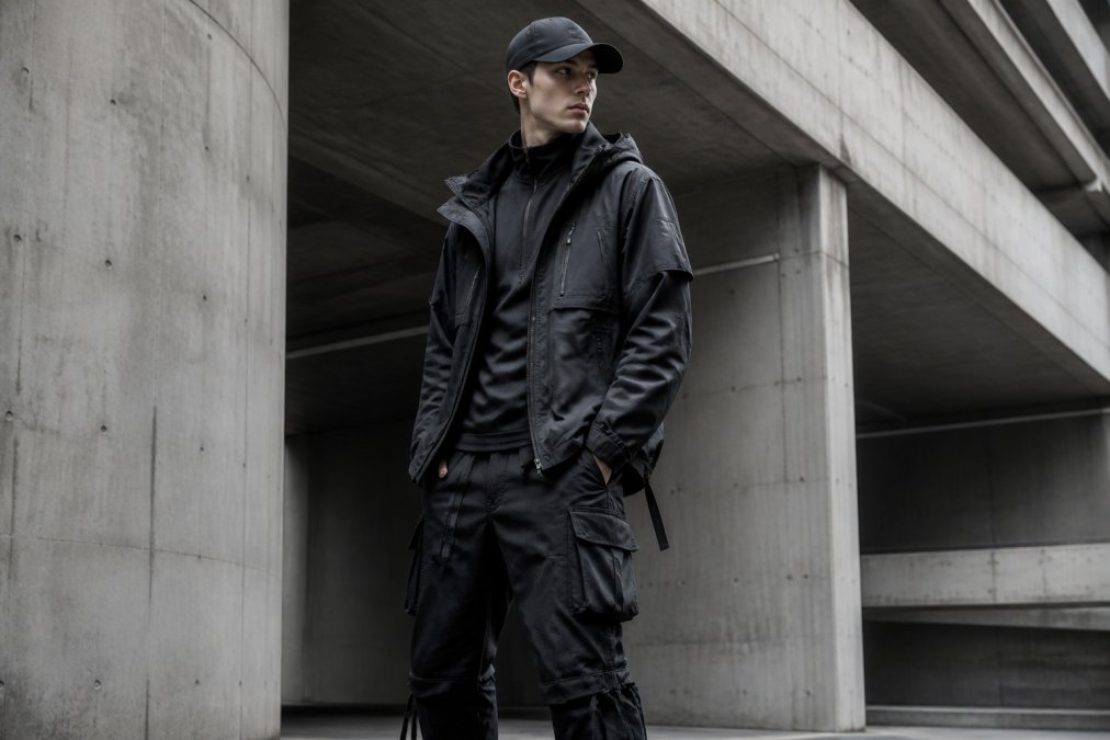 Model wearing layered techwear outfit with technical jacket, fitted base layer, and utility cargo pants, posed in urban concrete environment with dramatic lighting, demonstrating how dystopian fashion functions as wearable aesthetic