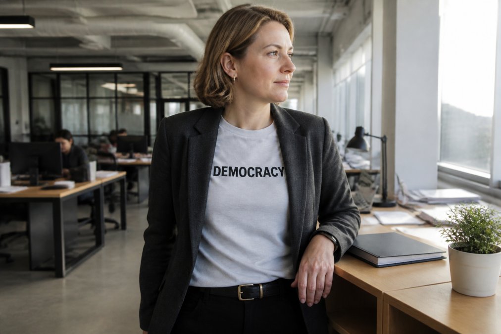 Professional wearing a democracy t-shirt layered under a charcoal blazer in a modern office setting, with the shirt's message visible at the neckline, natural office lighting