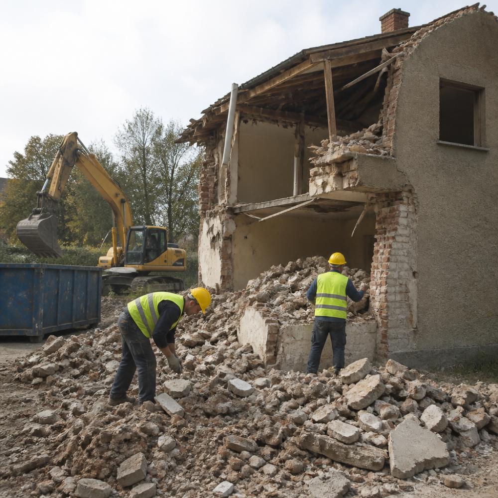 Stavební dělníci v ochranných přilbách a reflexních vestách pracují na demolici staršího rodinného domu, v pozadí bagr a kontejner na stavební suť, přirozené denní světlo