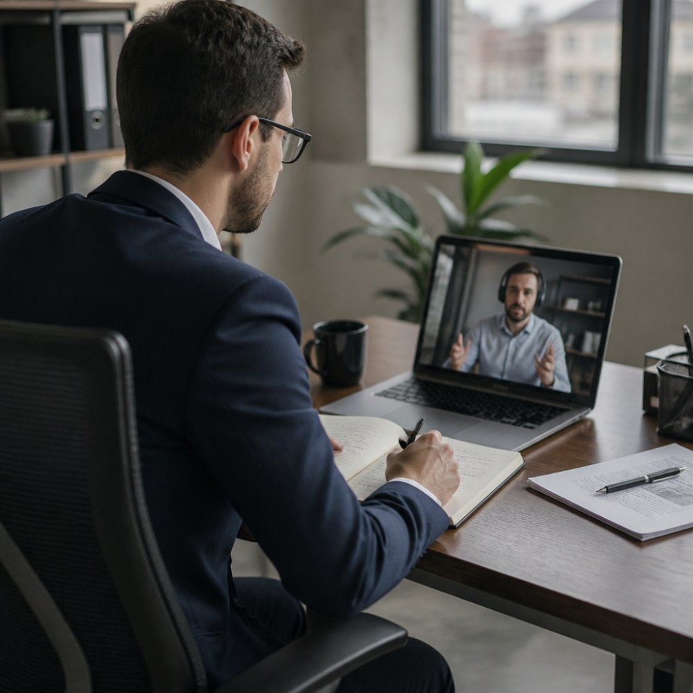 Business professional on a video call with a prospect, taking detailed notes while showing engaged listening in a modern office setting with natural window lighting