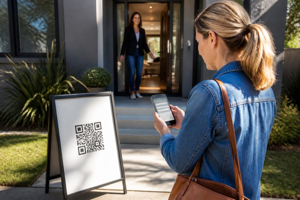Real estate agent holding a smartphone displaying the QR code check-in form on screen, with a printed branded QR code sign visible on an outdoor a-frame stand in front of a home's entrance, morning sunlight