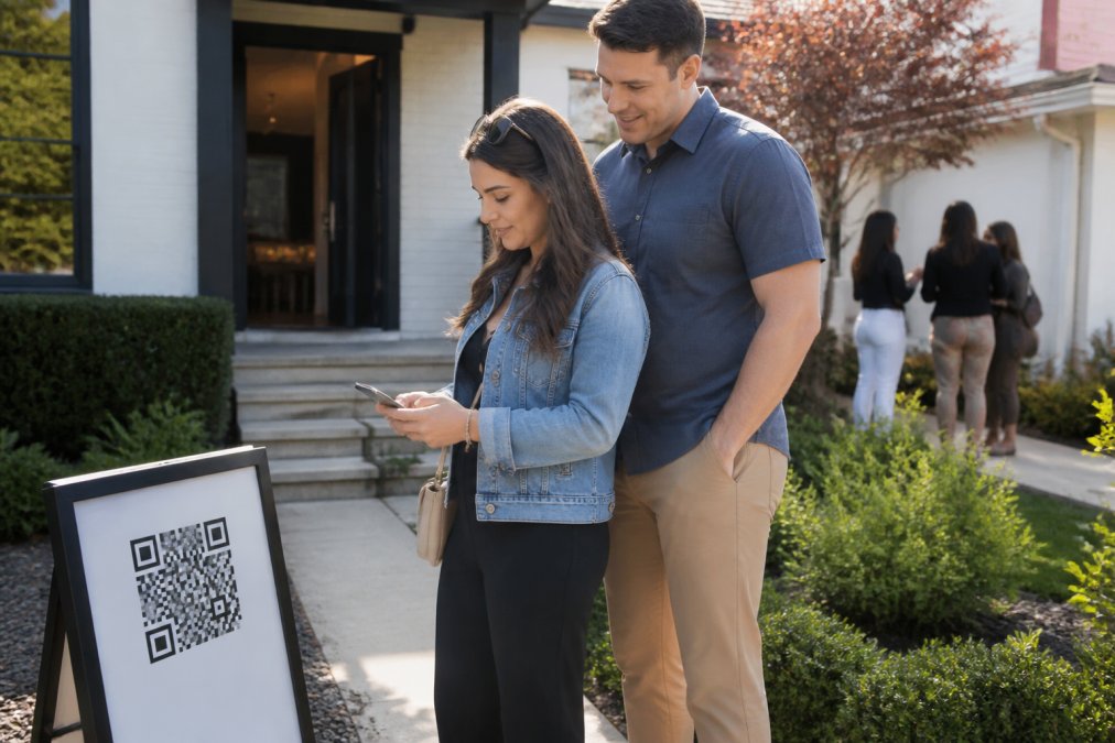 Real estate agent sitting at a desk reviewing open house analytics on a laptop screen, with a homeowner standing nearby looking at the results together in a bright, professional office setting