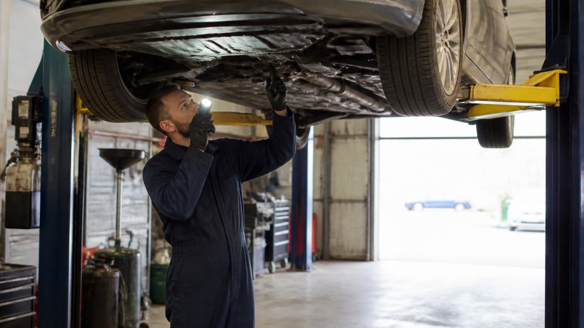 A clean, well-lit independent auto repair shop with a sedan raised on a hydraulic lift and a mechanic in navy coveralls inspecting the undercarriage with a flashlight