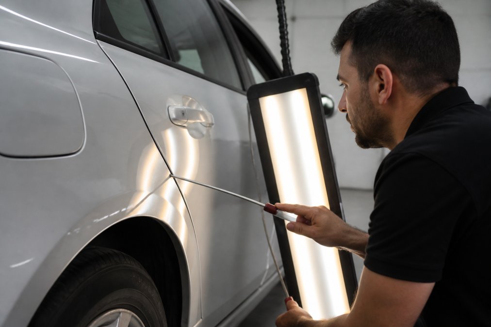 Professional technician using specialized metal rods and tools to carefully work on a vehicle's dented panel from behind, in a bright, well-lit repair facility with precision lighting