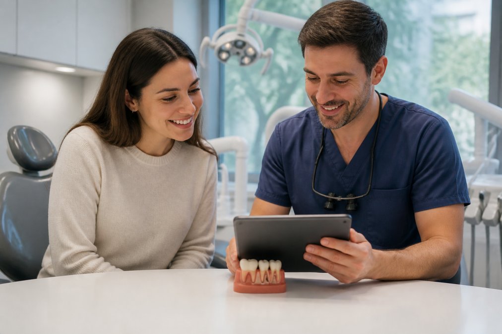 A dentist and a patient reviewing a dental bridge treatment plan on a tablet in a bright, modern dental office, with a model of a dental bridge resting on the table between them