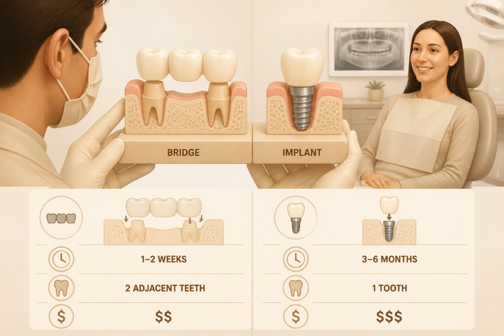 Close-up of a dentist in a modern clinical setting holding a dental model showing a bridge prosthetic and an implant post side by side, with a patient seated in the background