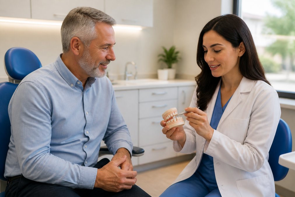 A patient in a bright, welcoming dental office speaking with a dentist who is reviewing a treatment plan on a tablet, both appearing calm and engaged