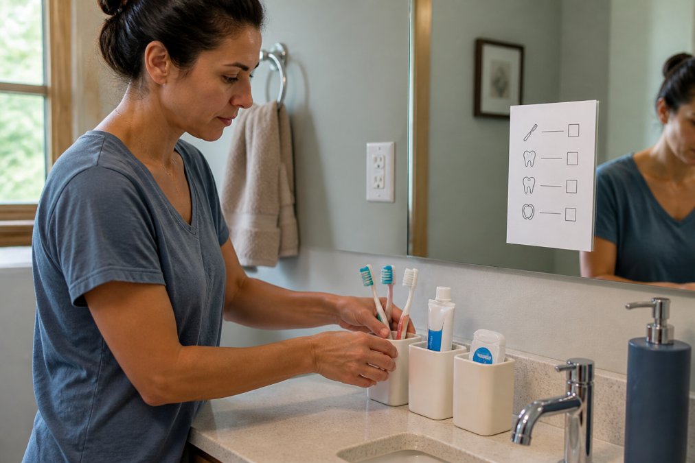 Person organizing dental care items on a bathroom counter with labeled containers for toothbrush, toothpaste, and floss, with a simple visual checklist posted on the mirror