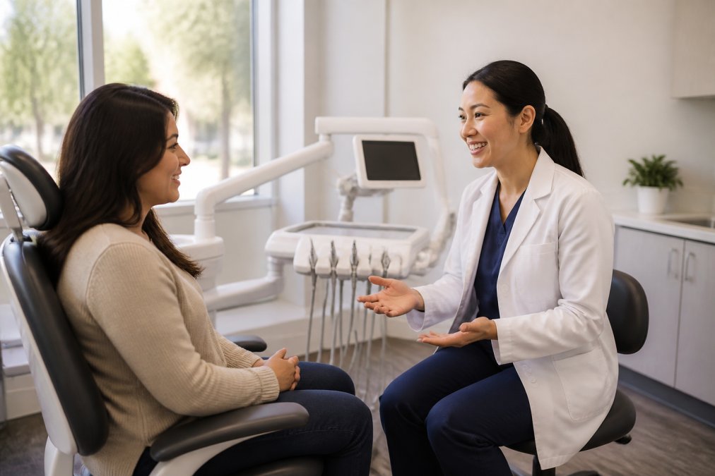 Patient having a calm, open conversation with a dentist in a modern, welcoming dental office with soft lighting, comfortable seating, and a relaxed atmosphere
