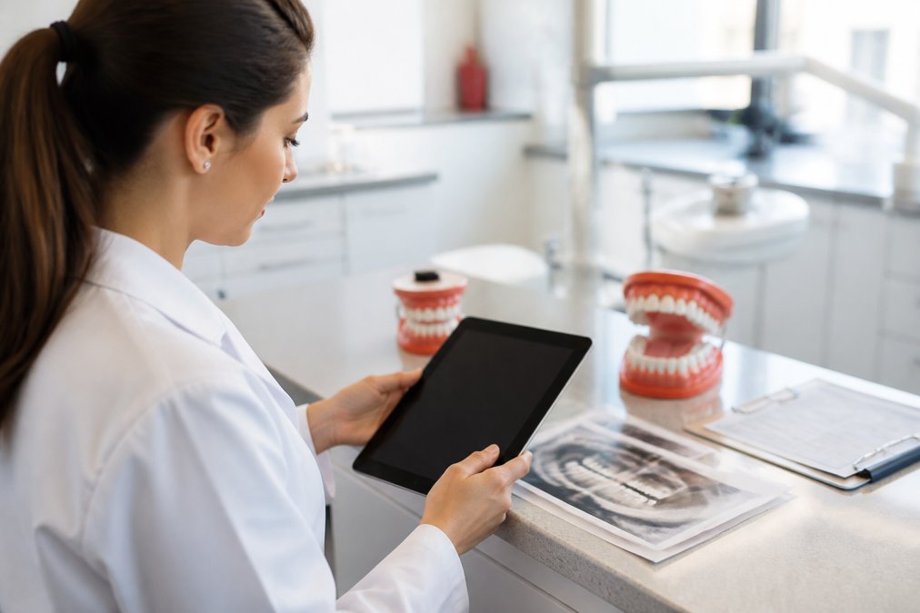 A dental professional in a bright modern clinic reviewing a comparison checklist on a tablet, dental models and patient charts visible on the counter behind them