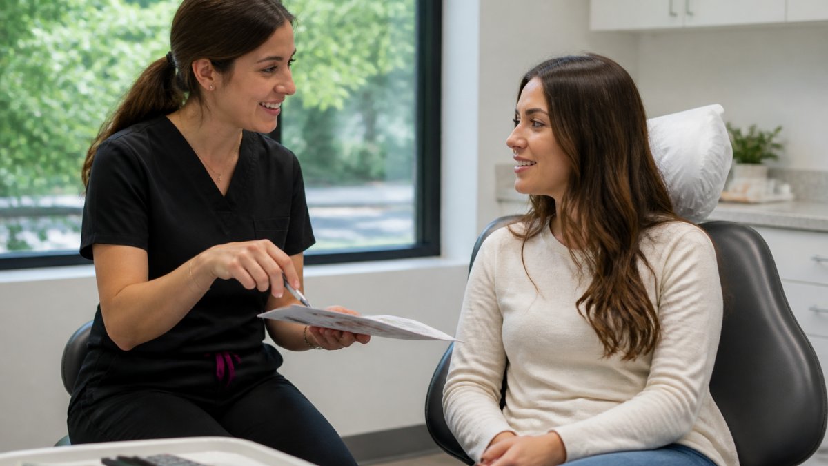 A friendly dental hygienist in a bright, modern treatment room talking with a relaxed adult patient seated in a dental chair, with clean equipment and natural light visible