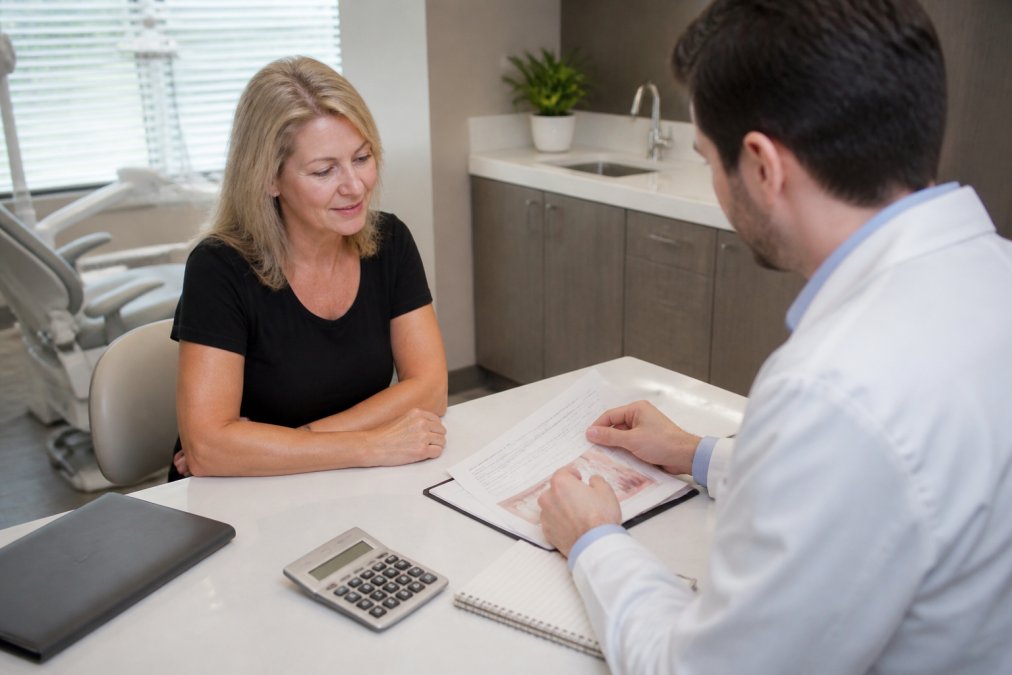 A dental professional reviewing a printed treatment plan document with a patient seated in a bright, modern dental office consultation room, warm overhead lighting illuminating the desk and paperwork