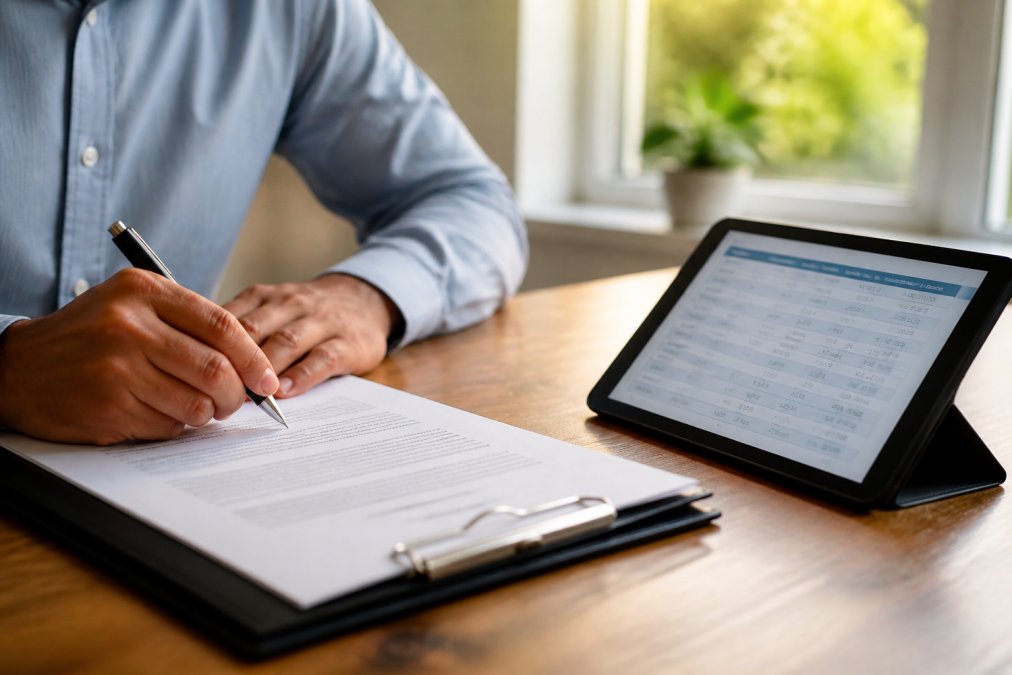 Close-up of a person's hands signing a financial agreement document on a clean desk with a pen, alongside a tablet displaying a payment schedule, soft natural light from a nearby window