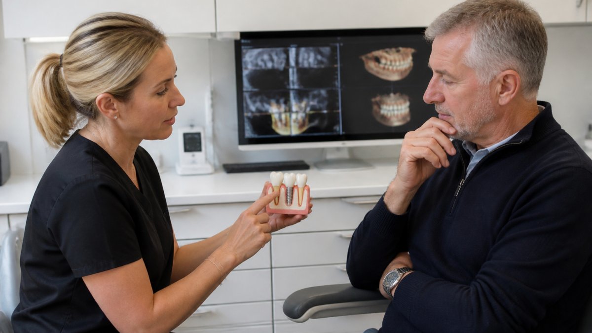 Dental professional consulting with patient in calm clinical environment, discussing implant concerns while reviewing digital scans on monitor